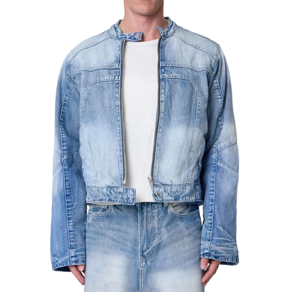 MNML Paneled Blue Moto Denim Jacket