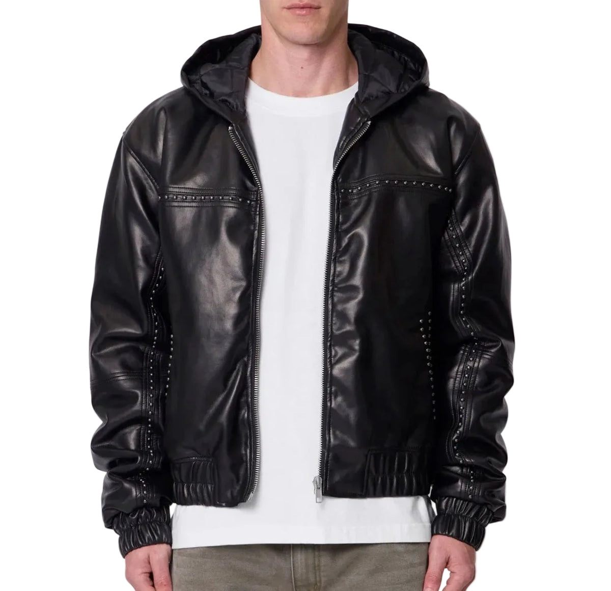 MNML Leather Hooded Studded Jacket