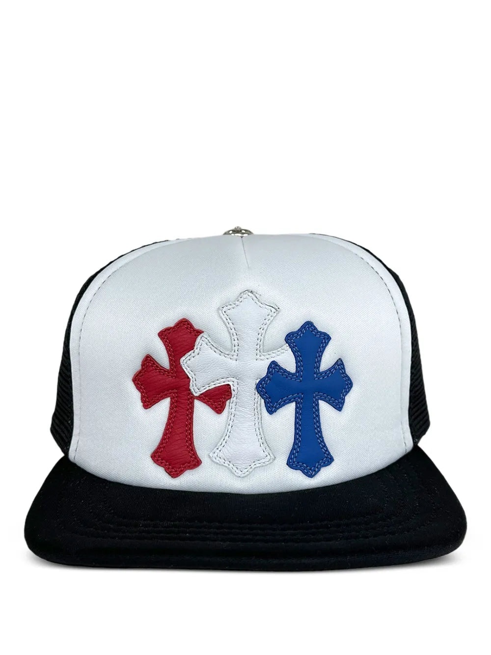 Chrome Hearts Red/White/Blue Leather Triple Cross Patch Trucker Cap