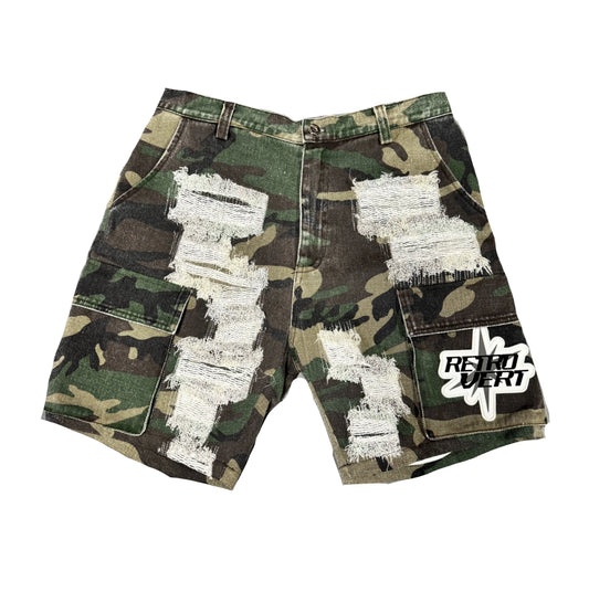 RETROVERT DISTRESSED CAMO SHORTS