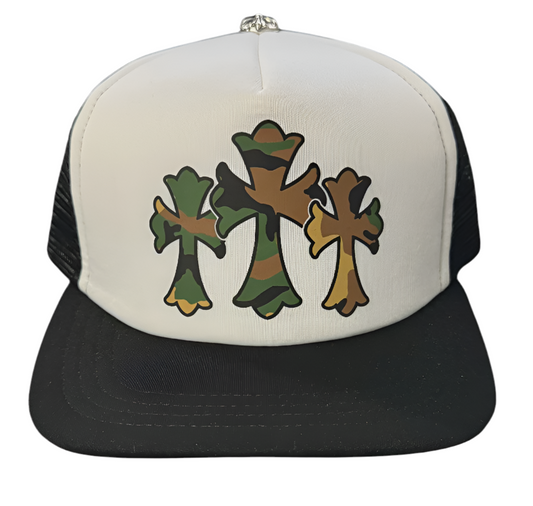 Chrome Hearts Triple Cross Camo White Trucker Cap